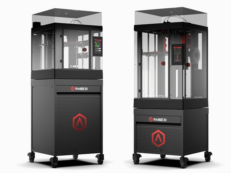 The Raise 3D pedestal printers carts in the workshop version
